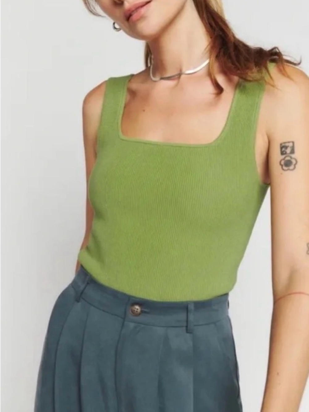 Reformation Chartreuse Olive green Ribbed Square Neck Tank | Large